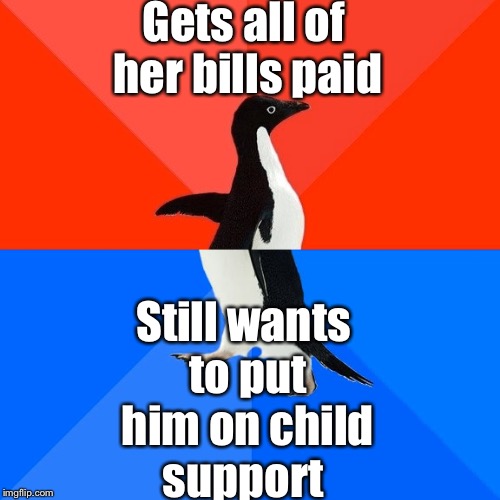 Socially Awesome Awkward Penguin | Gets all of her bills paid; Still wants to put him on child support | image tagged in memes,socially awesome awkward penguin | made w/ Imgflip meme maker