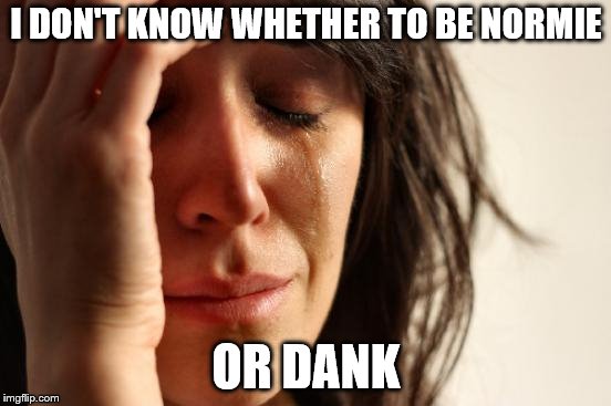 First World Problems Meme | I DON'T KNOW WHETHER TO BE NORMIE; OR DANK | image tagged in memes,first world problems | made w/ Imgflip meme maker