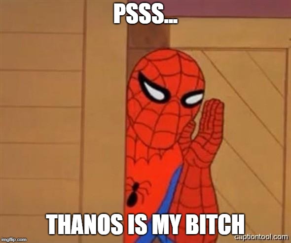 spider man | PSSS... THANOS IS MY BITCH | image tagged in spider man | made w/ Imgflip meme maker