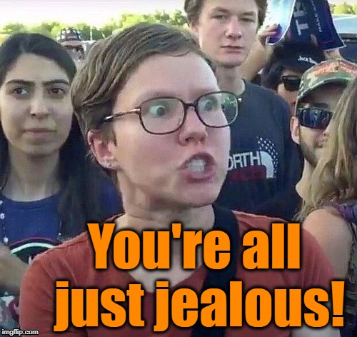 foggy | You're all just jealous! | image tagged in triggered feminist | made w/ Imgflip meme maker