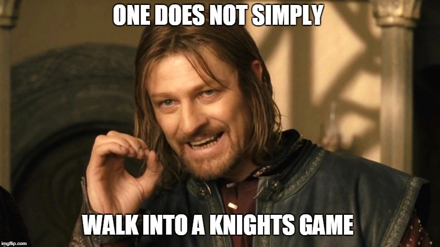 Boromir trys to go to a knights game | ONE DOES NOT SIMPLY; WALK INTO A KNIGHTS GAME | image tagged in boromir,lotr,onedoesnot,goldenknights | made w/ Imgflip meme maker