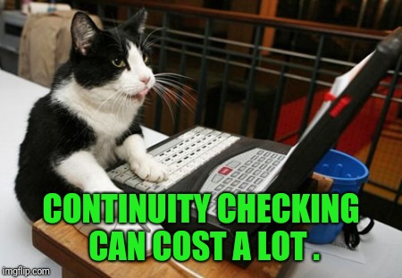 Fact Cat | CONTINUITY CHECKING CAN COST A LOT . | image tagged in fact cat | made w/ Imgflip meme maker