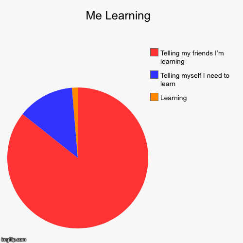 Me Learning  | Learning , Telling myself I need to learn, Telling my friends I’m learning | image tagged in funny,pie charts | made w/ Imgflip chart maker
