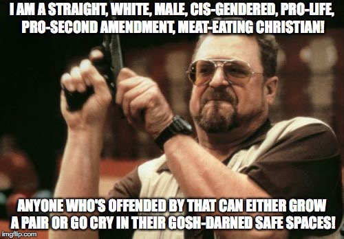 SUCK IT!!! | I AM A STRAIGHT, WHITE, MALE, CIS-GENDERED, PRO-LIFE, PRO-SECOND AMENDMENT, MEAT-EATING CHRISTIAN! ANYONE WHO'S OFFENDED BY THAT CAN EITHER GROW A PAIR OR GO CRY IN THEIR GOSH-DARNED SAFE SPACES! | image tagged in memes,am i the only one around here,funny,liberals,social justice warriors,political memes | made w/ Imgflip meme maker