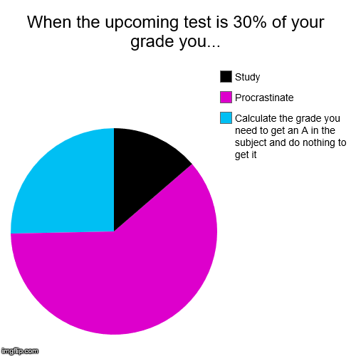 When the upcoming test is 30% of your grade you... | Calculate the grade you need to get an A in the subject and do nothing to get it, Procr | image tagged in funny,pie charts | made w/ Imgflip chart maker