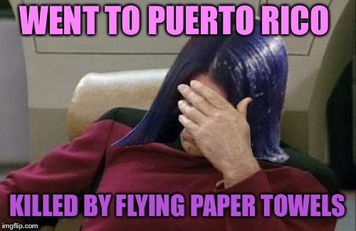 Mima facepalm | WENT TO PUERTO RICO KILLED BY FLYING PAPER TOWELS | image tagged in mima facepalm | made w/ Imgflip meme maker