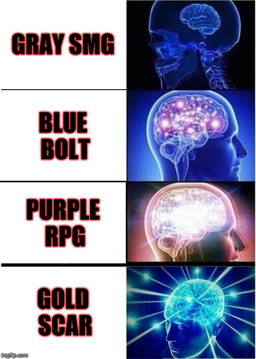 Expanding Brain | GRAY SMG; BLUE BOLT; PURPLE RPG; GOLD SCAR | image tagged in memes,expanding brain | made w/ Imgflip meme maker