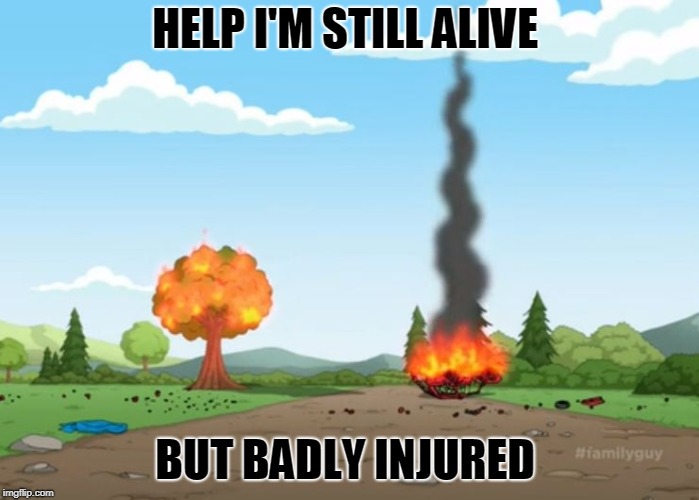 Family Guy Badly Injured | HELP I'M STILL ALIVE; BUT BADLY INJURED | image tagged in family guy,injury,injuries,car accident,accident,memes | made w/ Imgflip meme maker