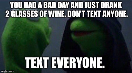 kermit me to me | YOU HAD A BAD DAY AND JUST DRANK 2 GLASSES OF WINE. DON’T TEXT ANYONE. TEXT EVERYONE. | image tagged in kermit me to me | made w/ Imgflip meme maker
