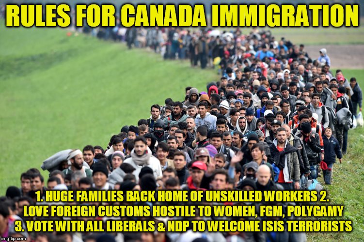 muslim-welfare-migrants | RULES FOR CANADA IMMIGRATION; 1. HUGE FAMILIES BACK HOME OF UNSKILLED WORKERS
2. LOVE FOREIGN CUSTOMS HOSTILE TO WOMEN, FGM, POLYGAMY 3. VOTE WITH ALL LIBERALS & NDP TO WELCOME ISIS TERRORISTS | image tagged in muslim-welfare-migrants | made w/ Imgflip meme maker