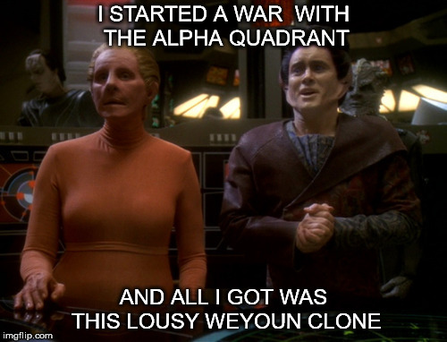 Weyoun and Founder | I STARTED A WAR  WITH THE ALPHA QUADRANT; AND ALL I GOT WAS THIS LOUSY WEYOUN CLONE | image tagged in weyoun and founder | made w/ Imgflip meme maker