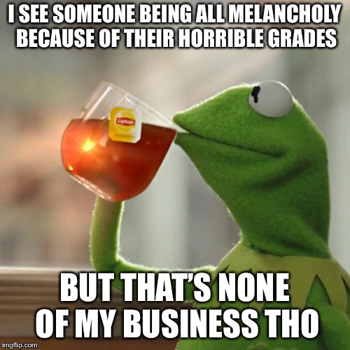 But That's None Of My Business | I SEE SOMEONE BEING ALL MELANCHOLY BECAUSE OF THEIR HORRIBLE GRADES; BUT THAT’S NONE OF MY BUSINESS THO | image tagged in memes,but thats none of my business,kermit the frog | made w/ Imgflip meme maker