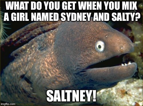 This is why I should be in Comedy Central | WHAT DO YOU GET WHEN YOU MIX A GIRL NAMED SYDNEY AND SALTY? SALTNEY! | image tagged in memes,bad joke eel,salt bae,salty,sydney | made w/ Imgflip meme maker