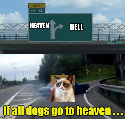 Spend eternity with all dogs?  Grumpy cat chooses Hell | HEAVEN; HELL; If all dogs go to heaven . . . | image tagged in memes,left exit 12 off ramp,heaven,hell,grumpy cat | made w/ Imgflip meme maker
