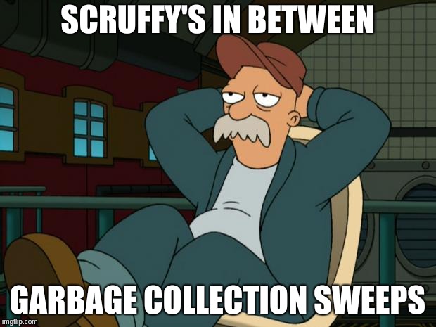  SCRUFFY'S IN BETWEEN; GARBAGE COLLECTION SWEEPS | image tagged in scruffy | made w/ Imgflip meme maker