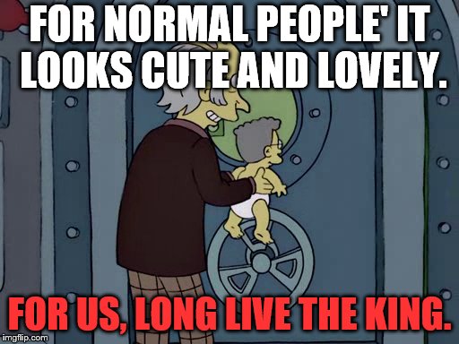 Well, there goes Right Hand Man Smithers Sr... just, take the baby. | FOR NORMAL PEOPLE' IT LOOKS CUTE AND LOVELY. FOR US, LONG LIVE THE KING. | image tagged in smithers i guess,the lion king | made w/ Imgflip meme maker