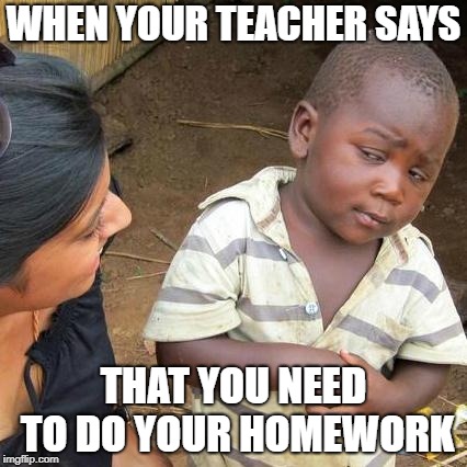 Third World Skeptical Kid | WHEN YOUR TEACHER SAYS; THAT YOU NEED TO DO YOUR HOMEWORK | image tagged in memes,third world skeptical kid | made w/ Imgflip meme maker