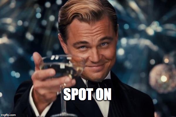 Leonardo Dicaprio Cheers Meme | SPOT ON | image tagged in memes,leonardo dicaprio cheers | made w/ Imgflip meme maker