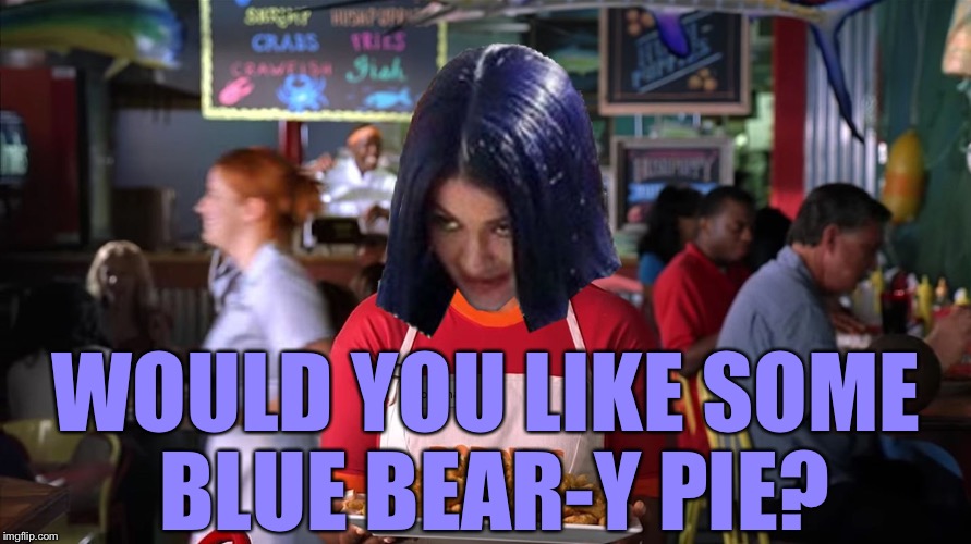 Mima the Prawn Star | WOULD YOU LIKE SOME BLUE BEAR-Y PIE? | image tagged in mima the prawn star | made w/ Imgflip meme maker