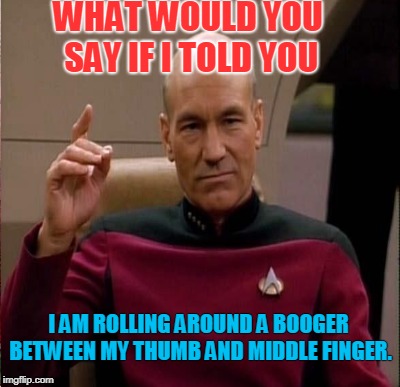 They don't call him Captain Picard for nothing! He's a nose picer! | WHAT WOULD YOU SAY IF I TOLD YOU; I AM ROLLING AROUND A BOOGER BETWEEN MY THUMB AND MIDDLE FINGER. | image tagged in nose picking,digging for gold,keep them boogies rolling,memes,picard,nixieknox | made w/ Imgflip meme maker