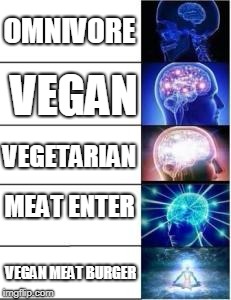 Meme Material | OMNIVORE; VEGAN; VEGETARIAN; MEAT ENTER; VEGAN MEAT BURGER | image tagged in meme material | made w/ Imgflip meme maker