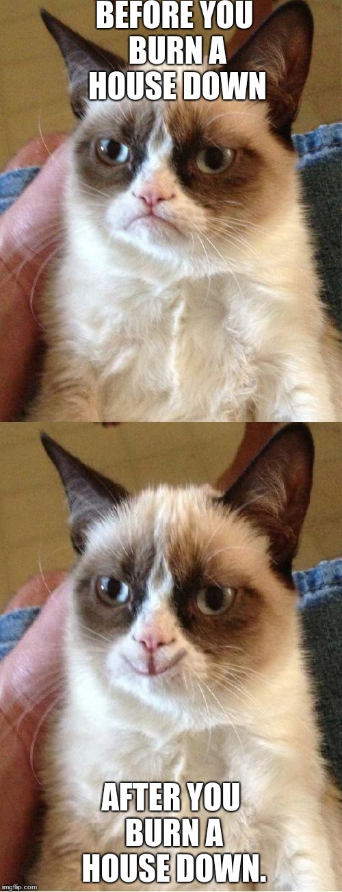 Grumpy Cat 2x Smile | BEFORE YOU BURN A HOUSE DOWN; AFTER YOU BURN A HOUSE DOWN. | image tagged in grumpy cat 2x smile | made w/ Imgflip meme maker