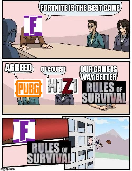 Boardroom Meeting Suggestion | FORTNITE IS THE BEST GAME; AGREED; OF COURSE; OUR GAME IS WAY BETTER | image tagged in memes,boardroom meeting suggestion,scumbag | made w/ Imgflip meme maker