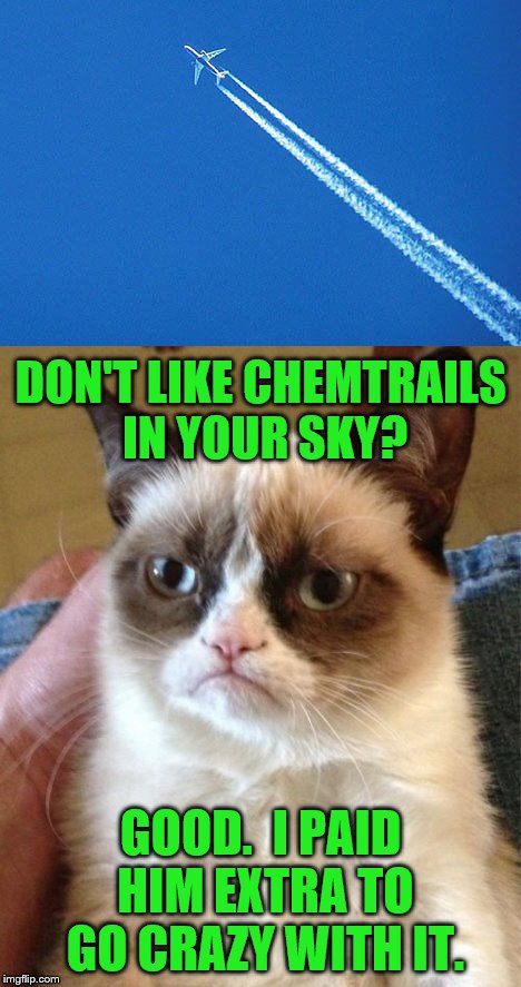 DON'T LIKE CHEMTRAILS IN YOUR SKY? GOOD.  I PAID HIM EXTRA TO GO CRAZY WITH IT. | made w/ Imgflip meme maker