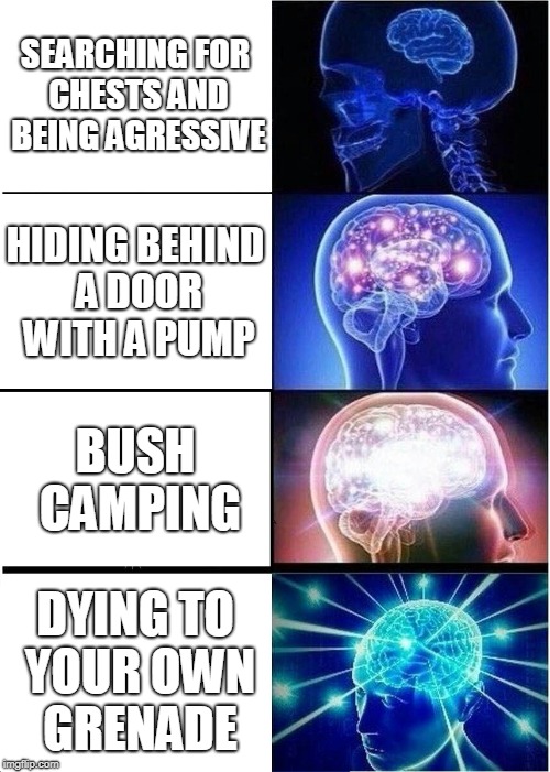 Expanding Brain Meme | SEARCHING FOR CHESTS AND BEING AGRESSIVE; HIDING BEHIND A DOOR WITH A PUMP; BUSH CAMPING; DYING TO YOUR OWN GRENADE | image tagged in memes,expanding brain | made w/ Imgflip meme maker