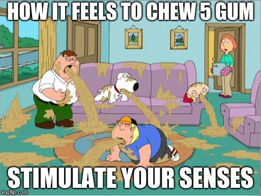 Family Guy Puke | HOW IT FEELS TO CHEW 5 GUM; STIMULATE YOUR SENSES | image tagged in family guy puke | made w/ Imgflip meme maker