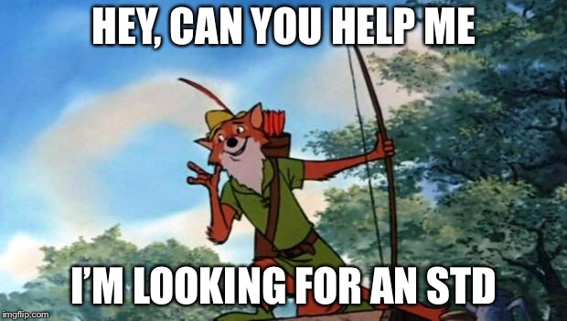 Robin Hood DIsney |  HEY, CAN YOU HELP ME; I’M LOOKING FOR AN STD | image tagged in robin hood disney | made w/ Imgflip meme maker