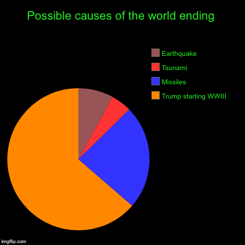 Possible causes of the world ending | Trump starting WWIII, Missiles , Tsunami , Earthquake | image tagged in funny,pie charts | made w/ Imgflip chart maker