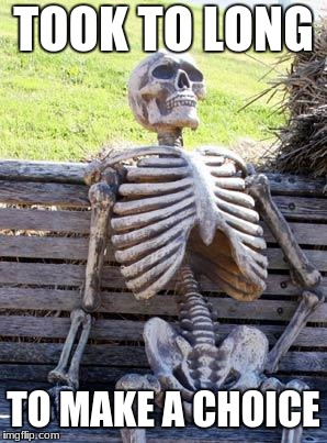Waiting Skeleton | TOOK TO LONG; TO MAKE A CHOICE | image tagged in memes,waiting skeleton | made w/ Imgflip meme maker