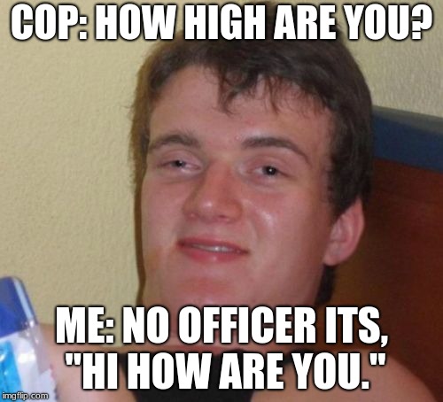 10 Guy Meme | COP: HOW HIGH ARE YOU? ME: NO OFFICER ITS, "HI HOW ARE YOU." | image tagged in memes,10 guy | made w/ Imgflip meme maker