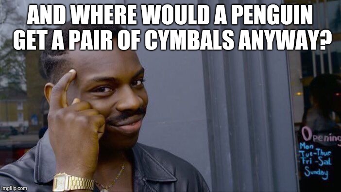 Roll Safe Think About It Meme | AND WHERE WOULD A PENGUIN GET A PAIR OF CYMBALS ANYWAY? | image tagged in memes,roll safe think about it | made w/ Imgflip meme maker