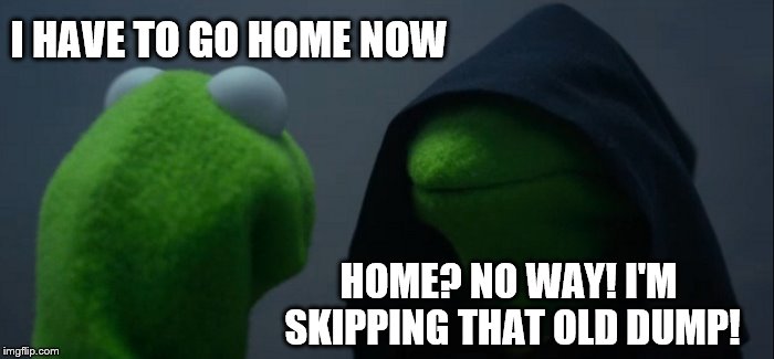 Evil Kermit | I HAVE TO GO HOME NOW; HOME? NO WAY! I'M SKIPPING THAT OLD DUMP! | image tagged in memes,evil kermit | made w/ Imgflip meme maker