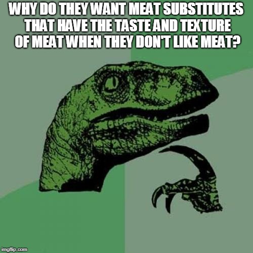 Philosoraptor Meme | WHY DO THEY WANT MEAT SUBSTITUTES THAT HAVE THE TASTE AND TEXTURE OF MEAT WHEN THEY DON'T LIKE MEAT? | image tagged in memes,philosoraptor | made w/ Imgflip meme maker