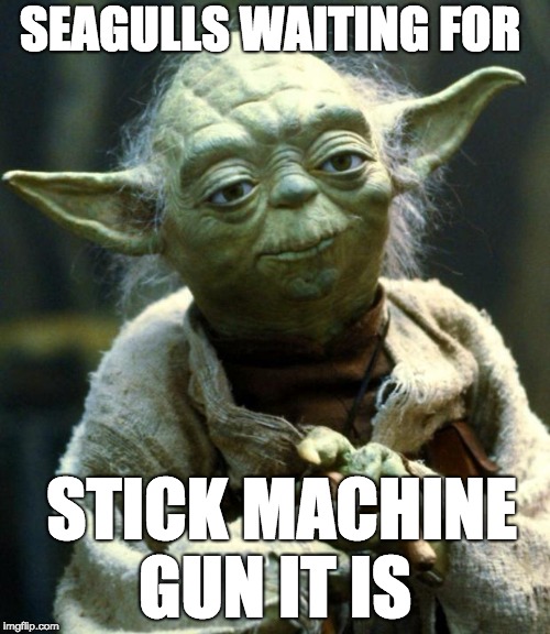 Star Wars Yoda Meme | SEAGULLS WAITING FOR; STICK MACHINE GUN IT IS | image tagged in memes,star wars yoda | made w/ Imgflip meme maker