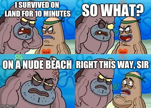 Your Worst Nightmare | SO WHAT? I SURVIVED ON LAND FOR 10 MINUTES; ON A NUDE BEACH; RIGHT THIS WAY, SIR | image tagged in memes,how tough are you | made w/ Imgflip meme maker