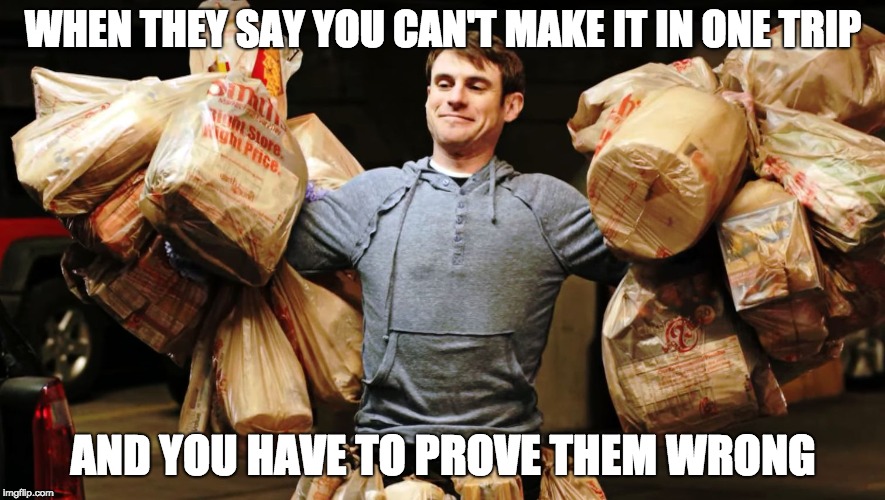 WHEN THEY SAY YOU CAN'T MAKE IT IN ONE TRIP; AND YOU HAVE TO PROVE THEM WRONG | image tagged in one trip,hero | made w/ Imgflip meme maker