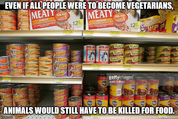 Vegetarian? | EVEN IF ALL PEOPLE WERE TO BECOME VEGETARIANS, ANIMALS WOULD STILL HAVE TO BE KILLED FOR FOOD. | image tagged in pet food | made w/ Imgflip meme maker
