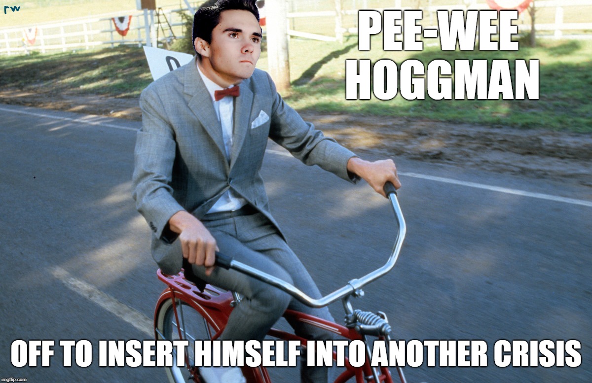 Pee-Wee Hoggman | PEE-WEE HOGGMAN; OFF TO INSERT HIMSELF INTO ANOTHER CRISIS | image tagged in david hogg,nra,gun control,first amendment | made w/ Imgflip meme maker