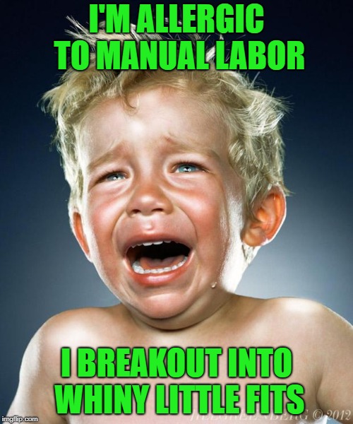 When the doctor asks me if I am allergic to anything, this is my answer. | I'M ALLERGIC TO MANUAL LABOR; I BREAKOUT INTO WHINY LITTLE FITS | image tagged in crying child,funny,lazy,your mom | made w/ Imgflip meme maker