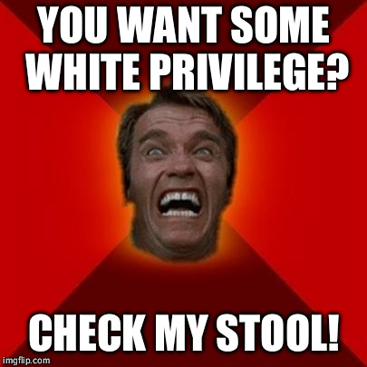 Arnold meme | YOU WANT SOME WHITE PRIVILEGE? CHECK MY STOOL! | image tagged in arnold meme | made w/ Imgflip meme maker