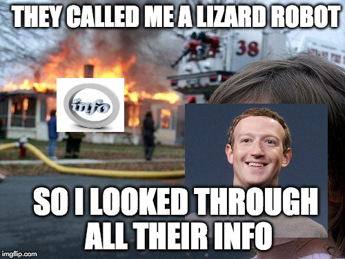 Disaster Girl | THEY CALLED ME A LIZARD ROBOT; SO I LOOKED THROUGH ALL THEIR INFO | image tagged in memes,disaster girl | made w/ Imgflip meme maker