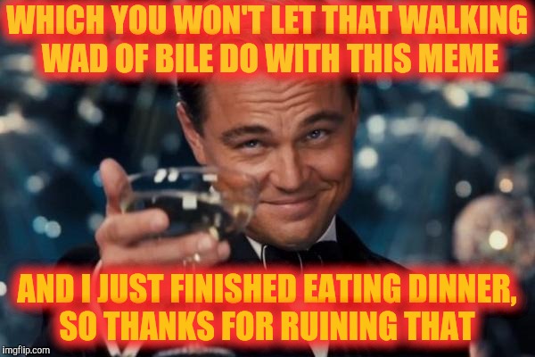Leonardo Dicaprio Cheers Meme | WHICH YOU WON'T LET THAT WALKING WAD OF BILE DO WITH THIS MEME AND I JUST FINISHED EATING DINNER,  SO THANKS FOR RUINING THAT | image tagged in memes,leonardo dicaprio cheers | made w/ Imgflip meme maker
