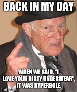 Back In My Day Meme | BACK IN MY DAY; WHEN WE SAID, "I LOVE YOUR DIRTY UNDERWEAR", IT WAS HYPERBOLE. | image tagged in memes,back in my day | made w/ Imgflip meme maker