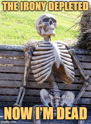 Ironicless | THE IRONY DEPLETED; NOW I'M DEAD | image tagged in memes,waiting skeleton | made w/ Imgflip meme maker