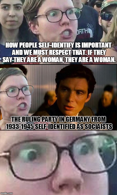 Inception Liberal |  HOW PEOPLE SELF-IDENTIFY IS IMPORTANT AND WE MUST RESPECT THAT. IF THEY SAY THEY ARE A WOMAN, THEY ARE A WOMAN. THE RULING PARTY IN GERMANY FROM 1933-1945 SELF-IDENTIFIED AS SOCIAISTS | image tagged in inception liberal | made w/ Imgflip meme maker