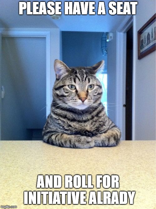 Take A Seat Cat Meme | PLEASE HAVE A SEAT; AND ROLL FOR INITIATIVE ALRADY | image tagged in memes,take a seat cat | made w/ Imgflip meme maker